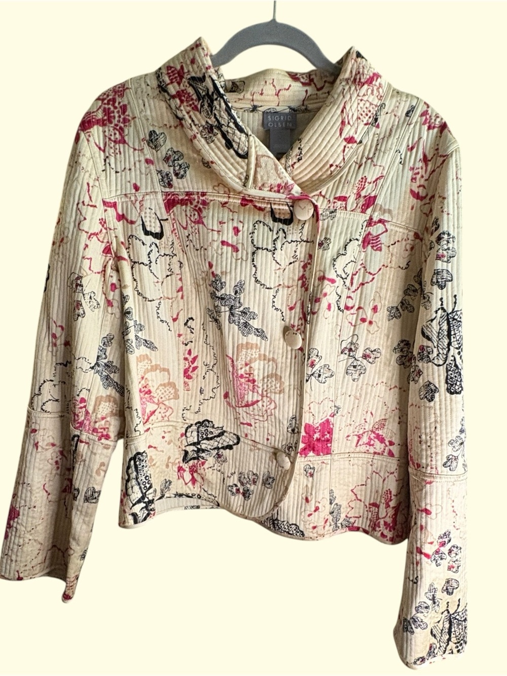 Sigrid Olsen Size 14 Quilted Silk Floral Jacket Ivory Pink Black Art to Wear